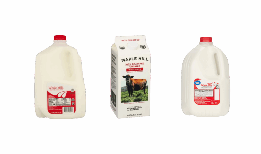 A picture of three popular generic whole milk options. 