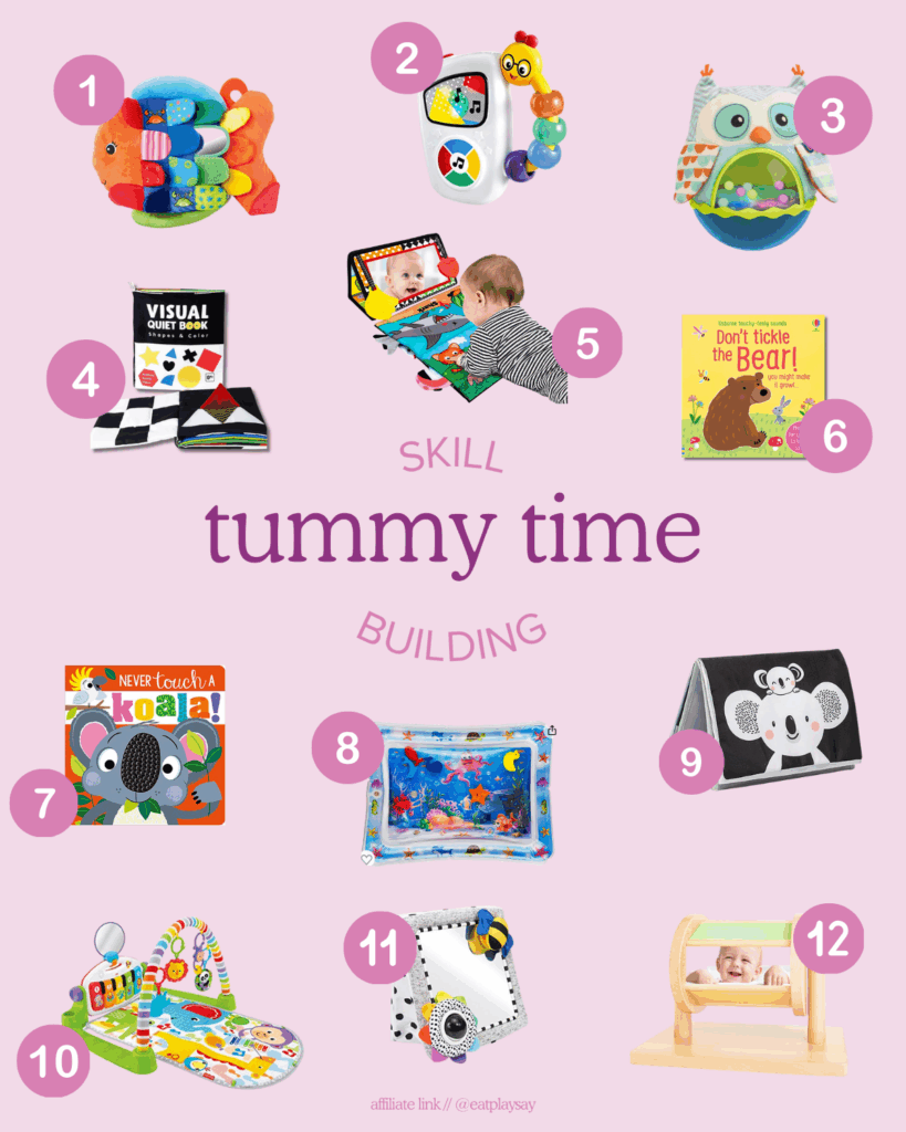 round-up graphic of 12 toys to support babies in tummy time, part of a post about developmentally appropriate toys that help meet milestones
