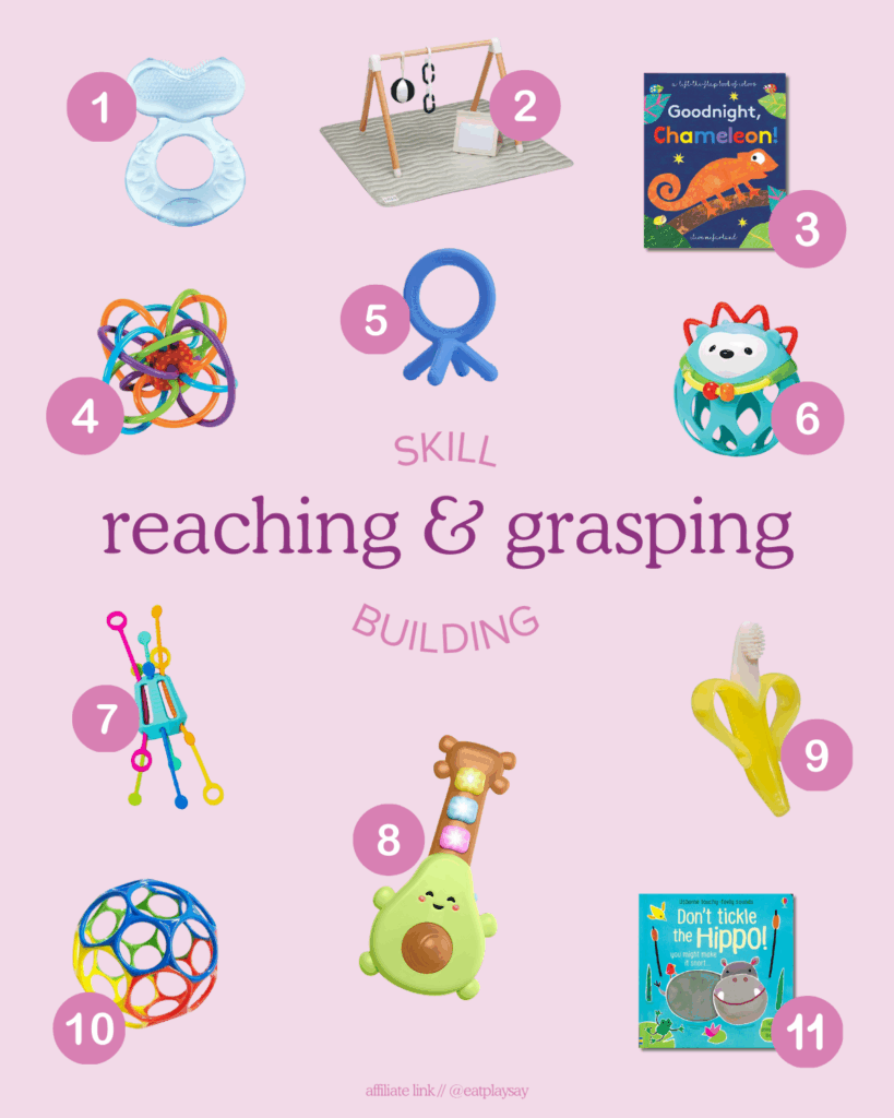 round-up graphic of 12 toys that support reaching and grasping in babies. part of a post about developmentally appropriate toys that help meet milestones

