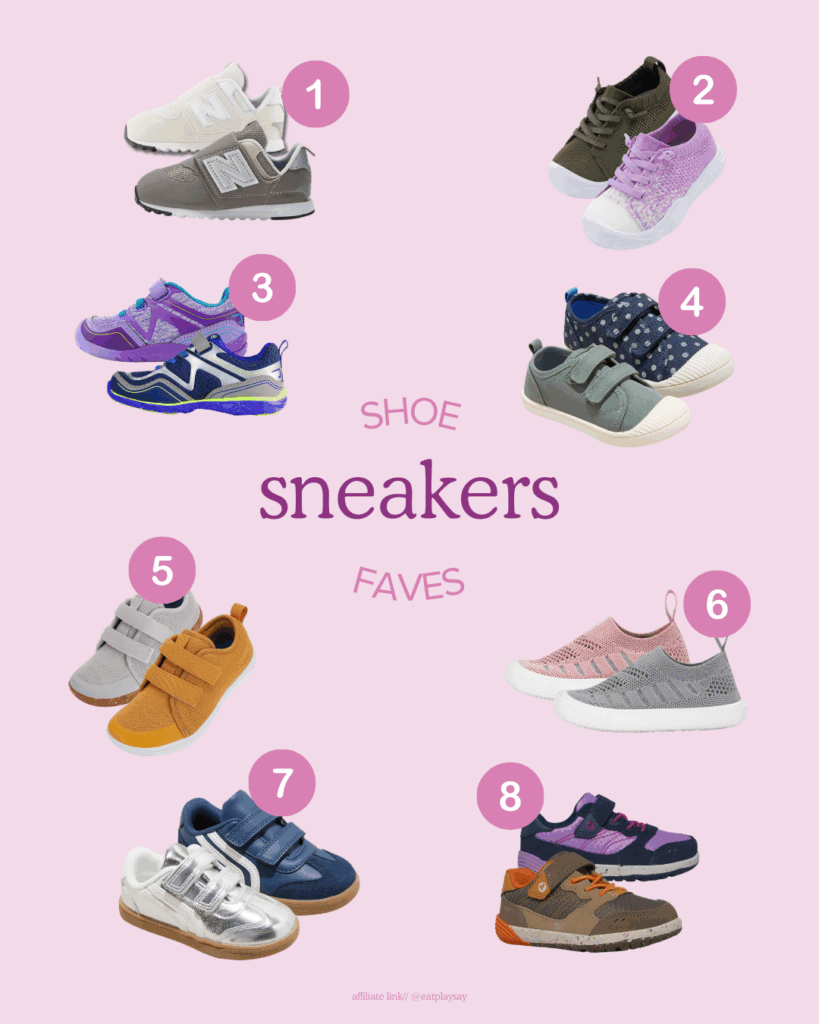 round-up graphic of the best sneakers for babies and toddlers with wide toe boxes and flexible soles