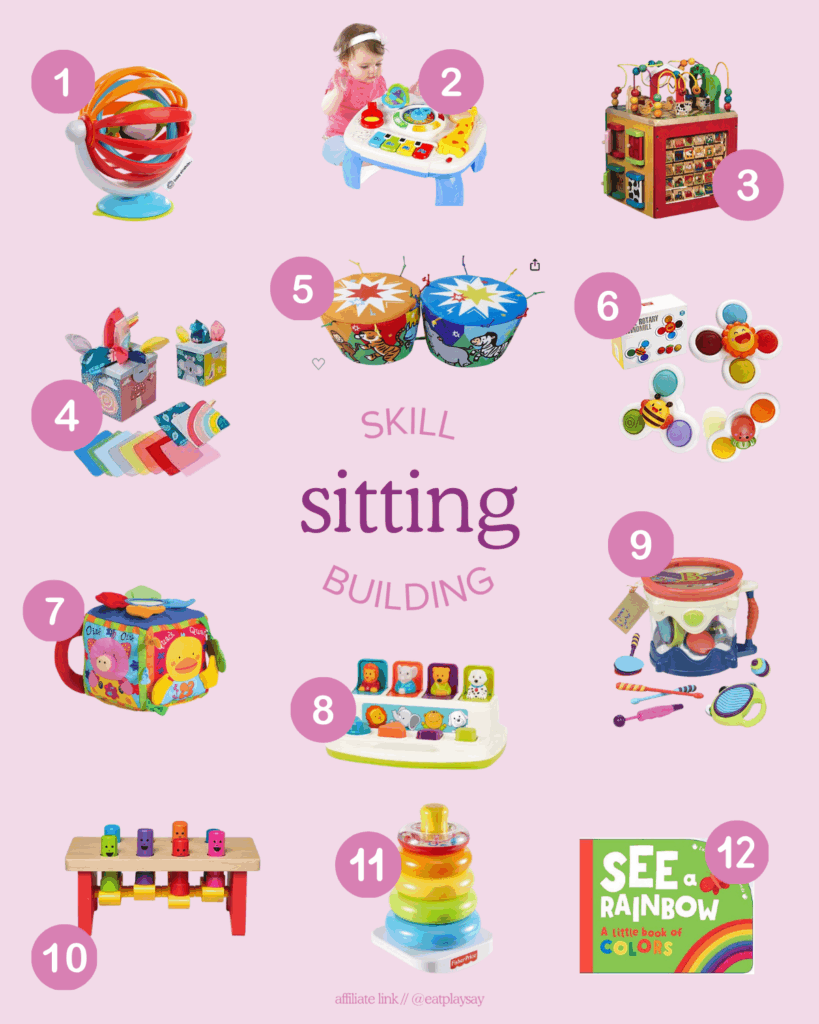 round-up graphic of 12 toys to help babies learn to sit independently, part of a post about developmentally appropriate toys that help meet milestones
