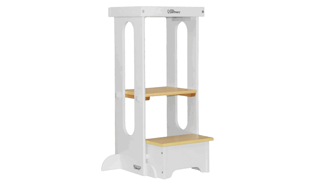 Little Partners Foldable Toddler Tower in white and natural wood, as part of a post on the best learning towers