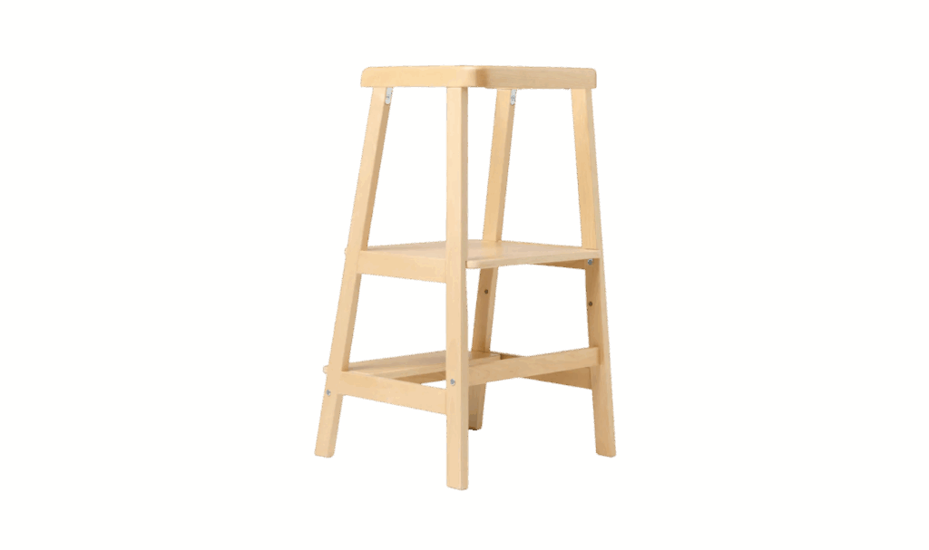 Lalo's The Tower, a toddler tower made of natural birch wood, part of a post breaking down the best toddler towers
