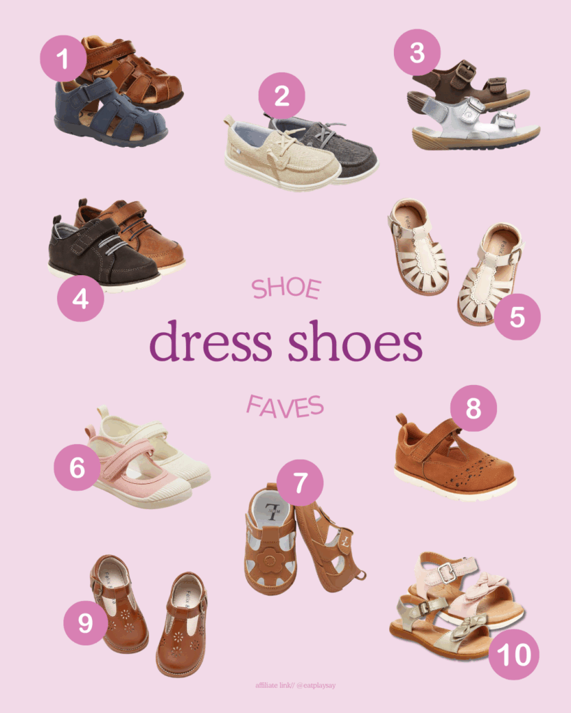 round-up graphic of dress shoes for toddler boys and girls that are physical therapist-approved. part of a post on the best shoes for baby and toddler