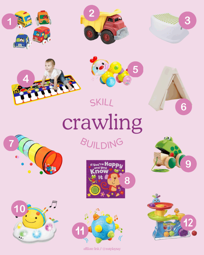 round-up graphic of 12 toys to motivate baby to crawl, part of a post about developmentally appropriate toys that help meet milestones
