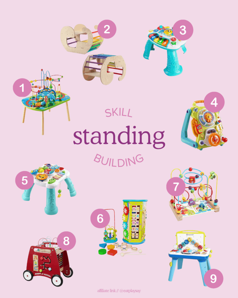 round-up graphic of 9 toys to encourage baby to stand on their own, part of a post about developmentally appropriate toys that help meet milestones
