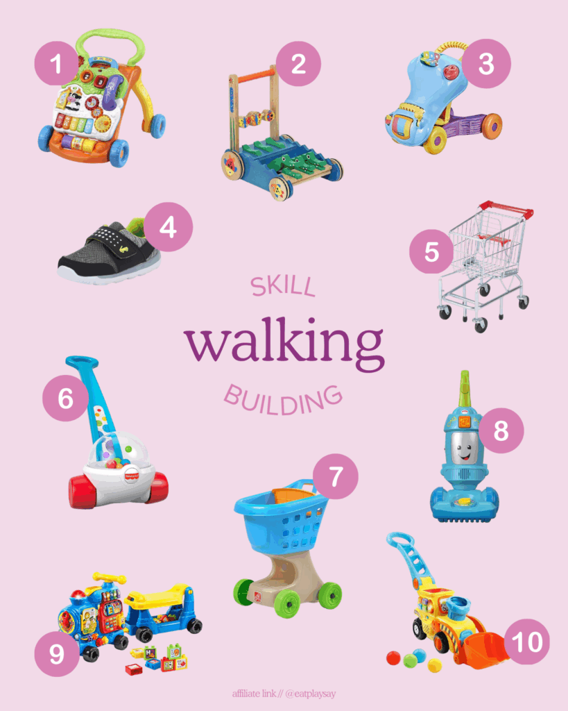 round-up graphic of 10 toys to help baby learn to walk, part of a post about developmentally appropriate toys that help meet milestones

