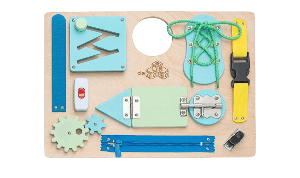 wooden busy board with zippers, velcro, buckles, etc