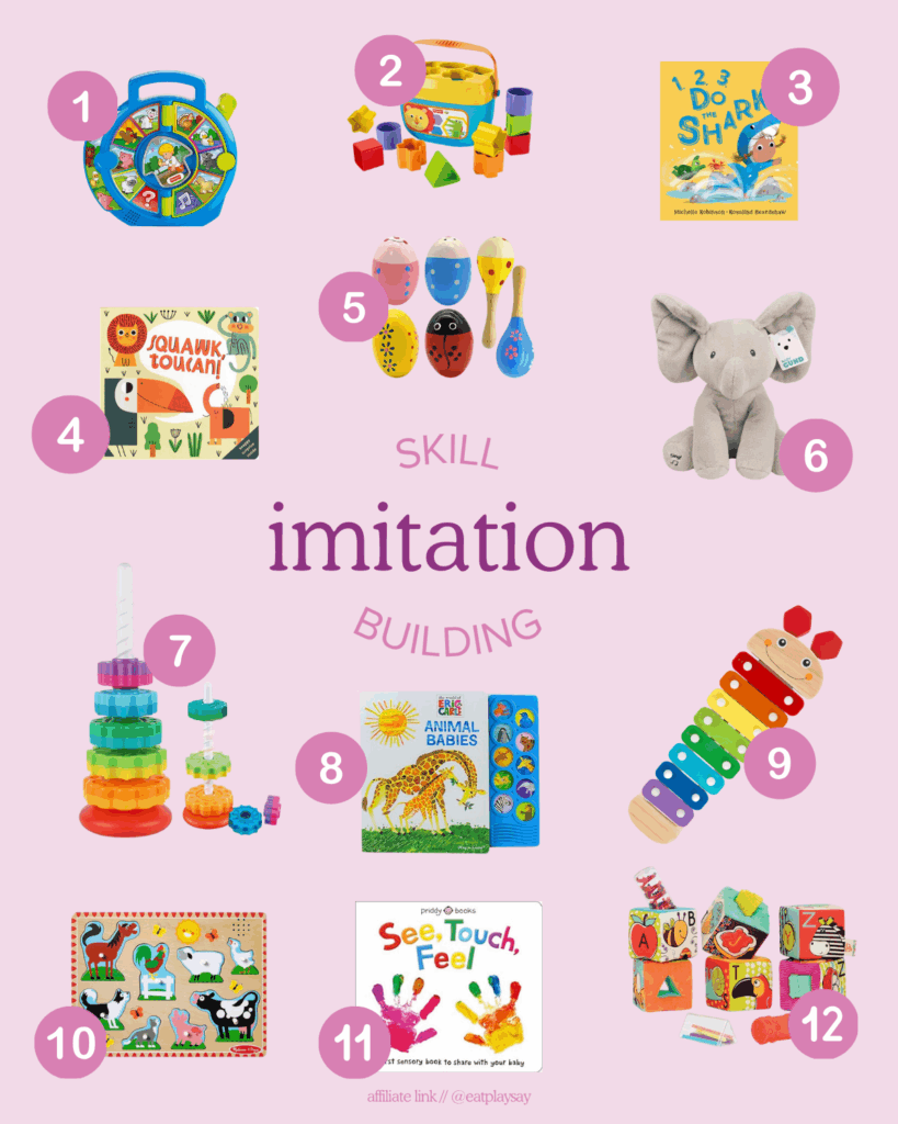 round-up graphic of 12 toys to encourage baby to imitate and communicate, part of a post about developmentally appropriate toys that help meet milestones
