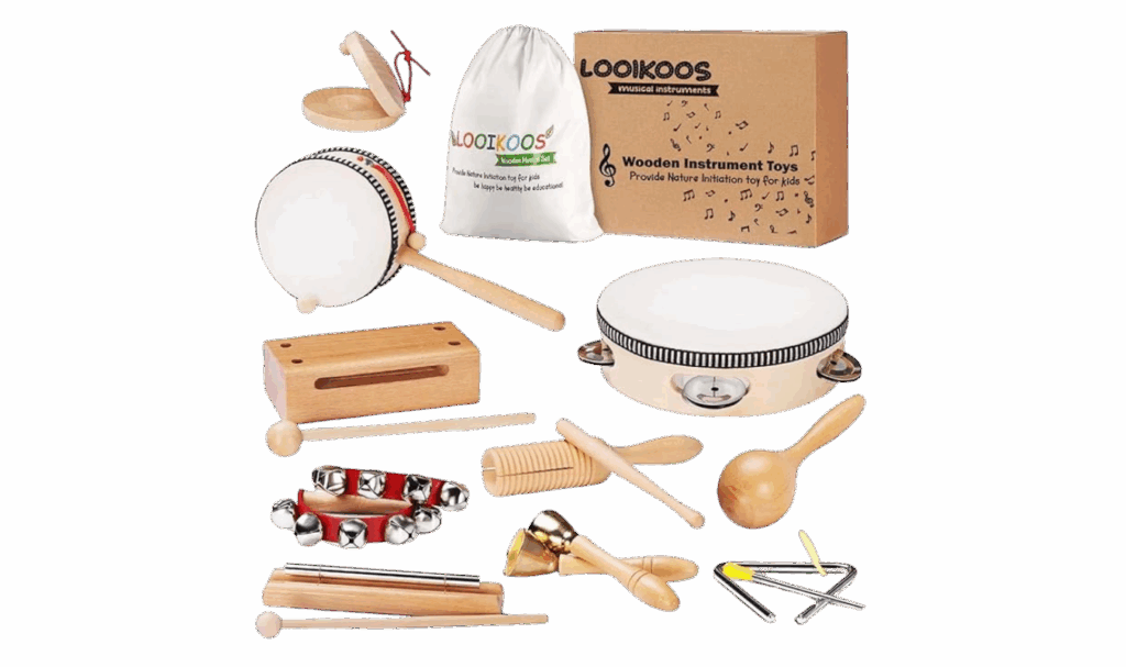 musical instruments with natural wood and metal, part of a Montessori toys post