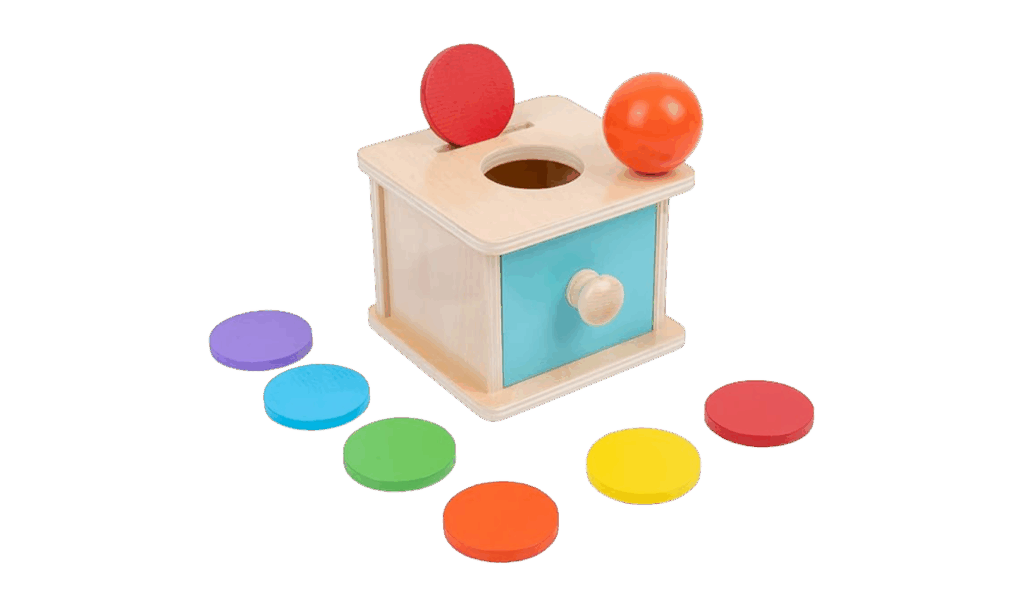 montessori wooden coin box with drawer, part of a post about the best montessori toys for toddlers