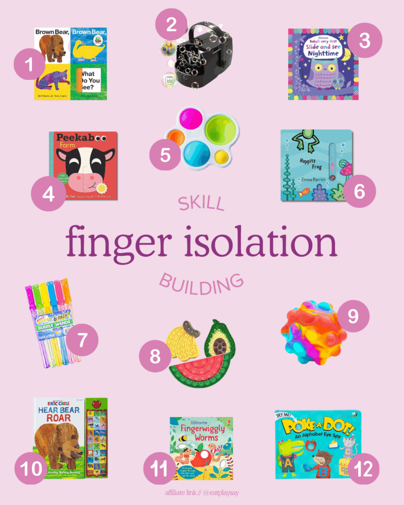 round-up graphic of 12 toys to help babies learn finger isolation, part of a post about developmentally appropriate toys that help meet milestones
