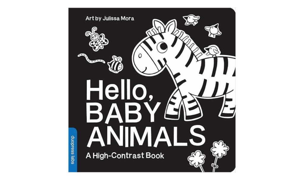 Hello Baby Animals high-contrast board book for babies, in a post about the best books to gift at a baby shower