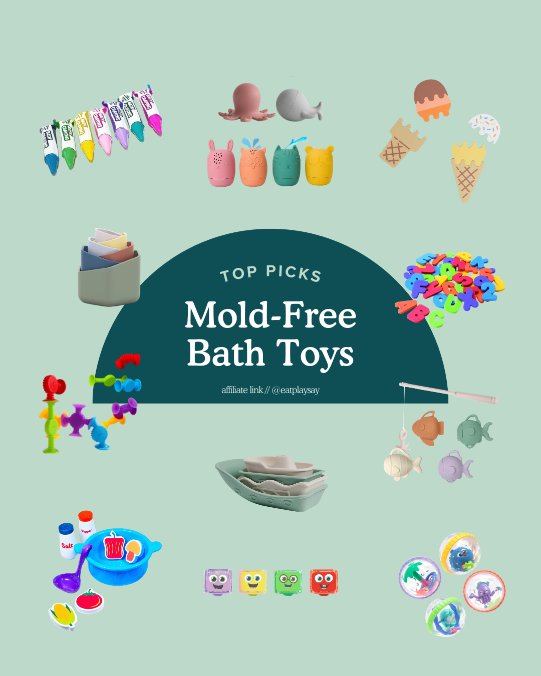 round-up graphic of mold-free bath toys for babies and toddlers including suction toys, stacking cups and light-up bath toys