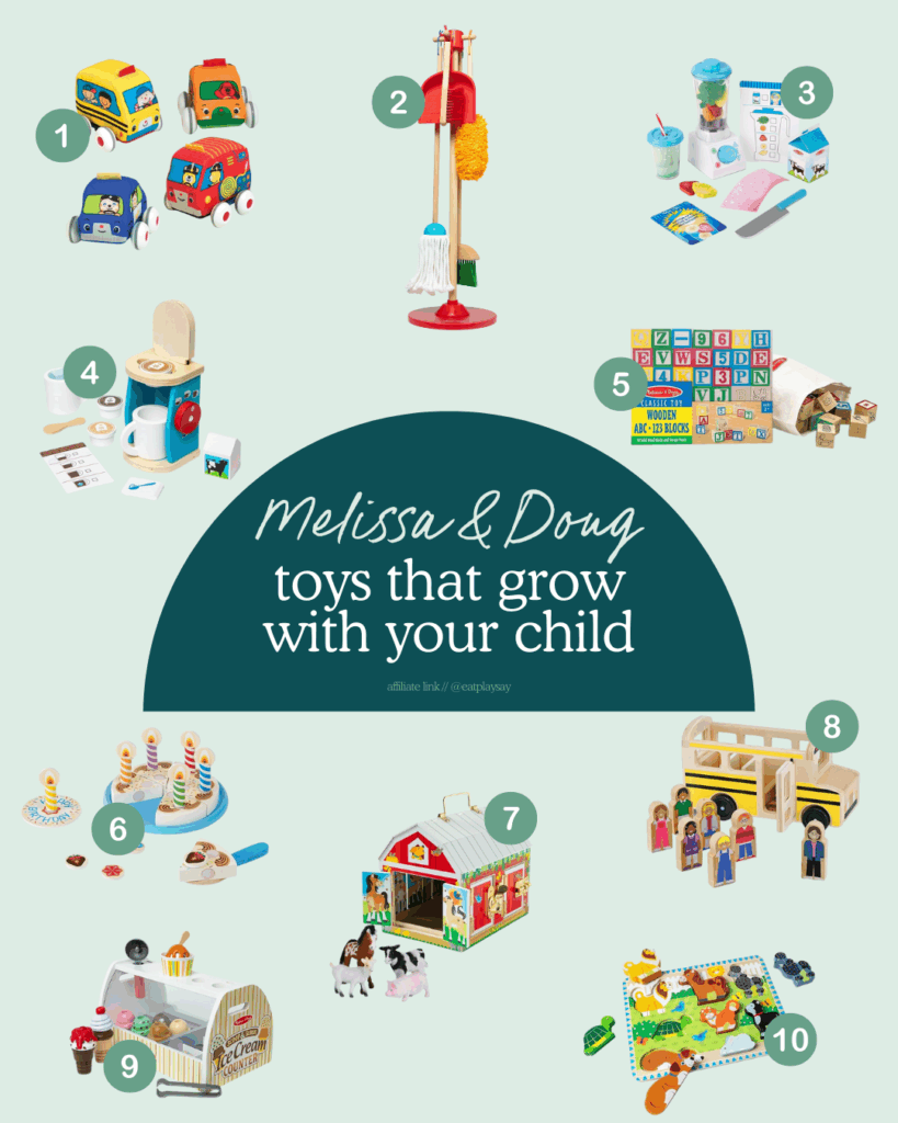 collage of Melissa & Doug toys that last for years and grow with your child's development