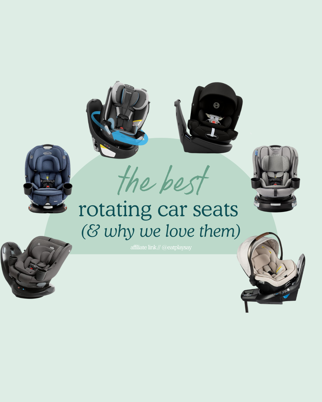 round-up image of 6 rotating car seats, featured on a post for the best rotating car seats