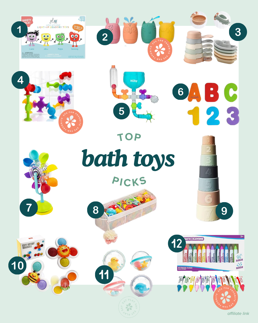 round-up graphic of 12 bath toys for babies and toddlers
