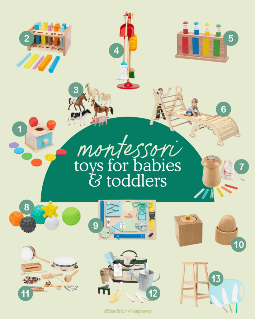 round-up image of 13 of the best montessori toys for babies and toddlers