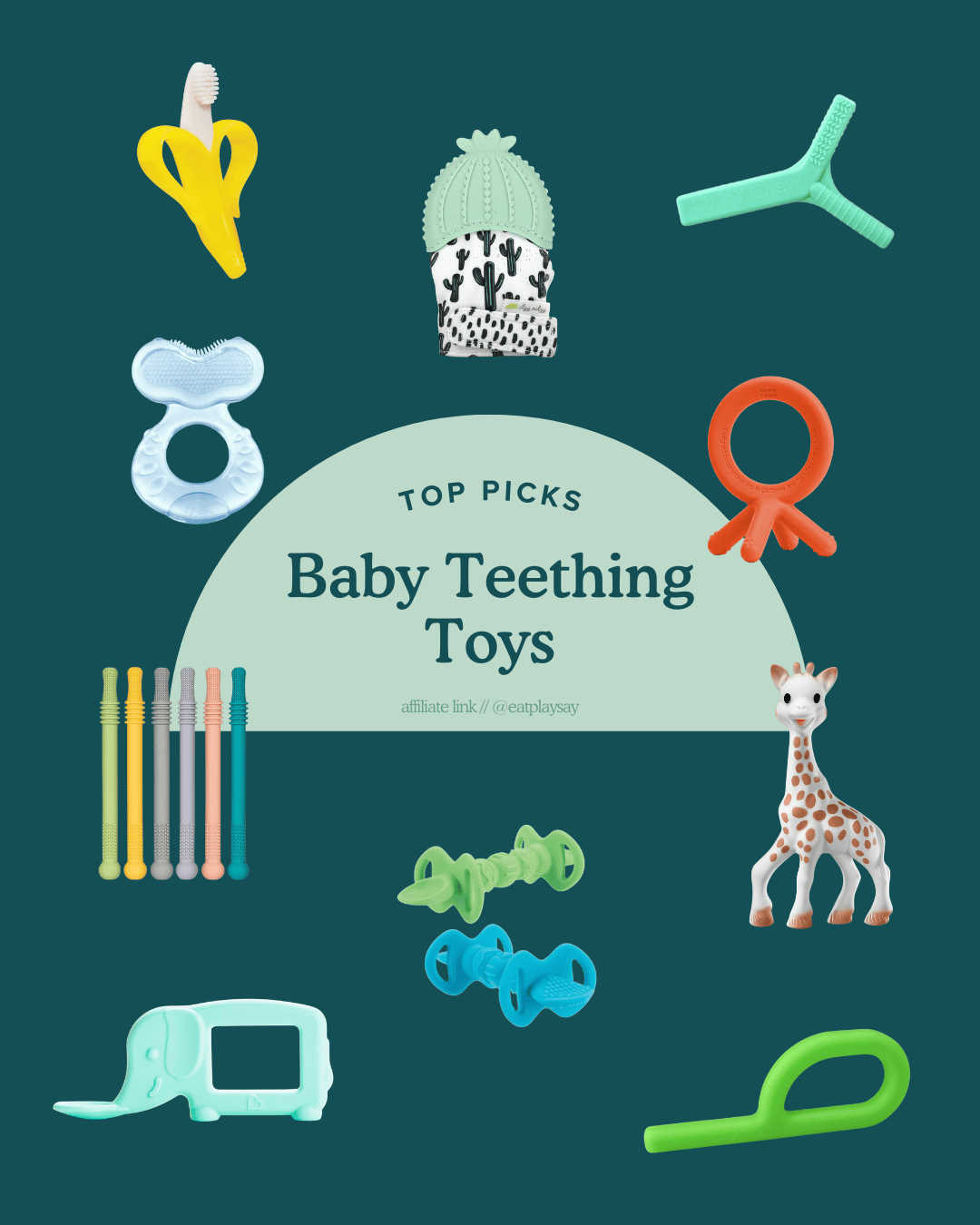 round-up graphic featuring baby teether toys