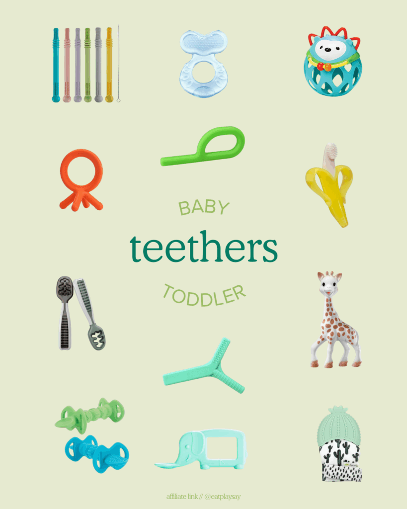 Picture of different teethers for babies and toddlers.