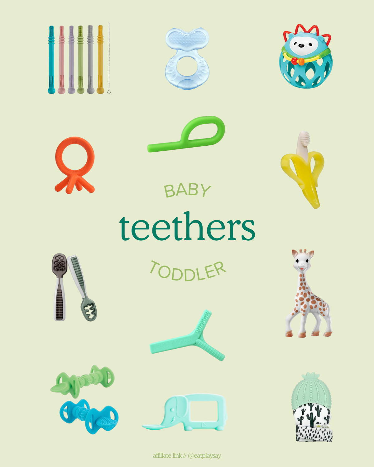 round-up graphic of teethers, from a post about the best teethers for babies and toddlers