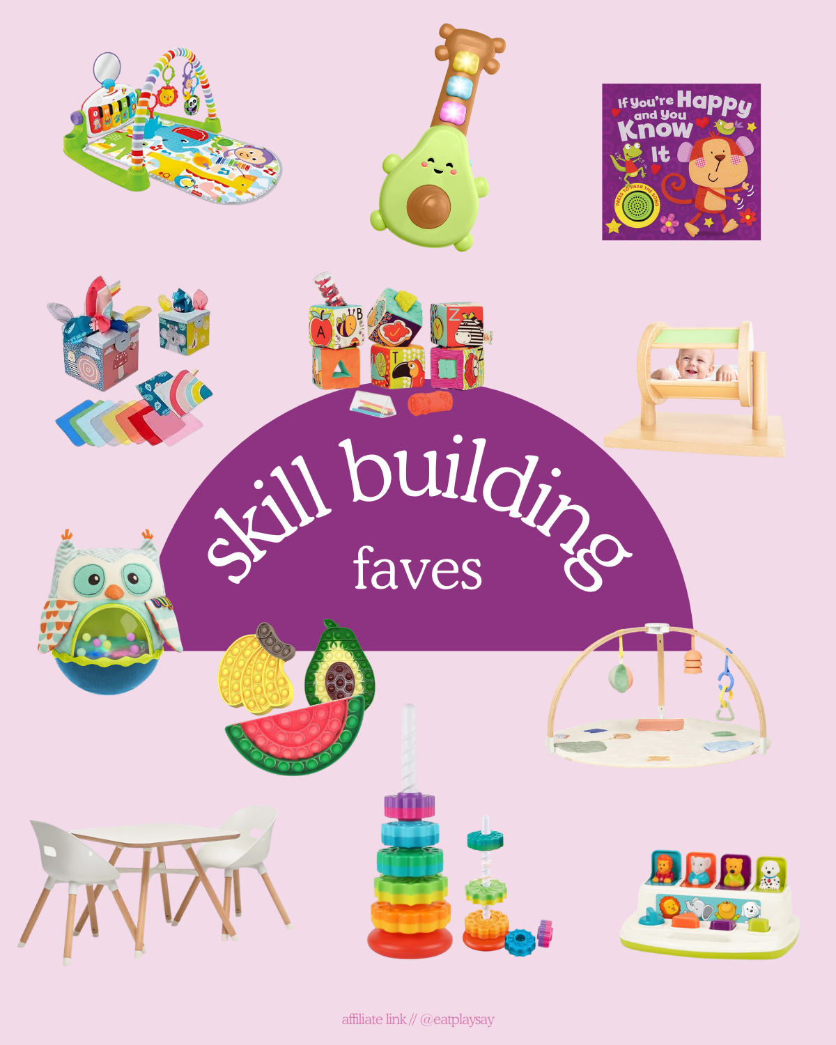 round up graphic of toys that support skill-building opportunities for babies and toddlers