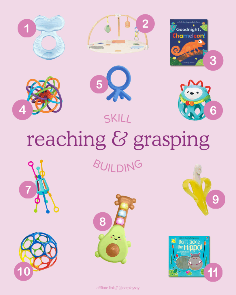 round-up graphic of 12 toys that support reaching and grasping in babies. part of a post about developmentally appropriate toys that help meet milestones