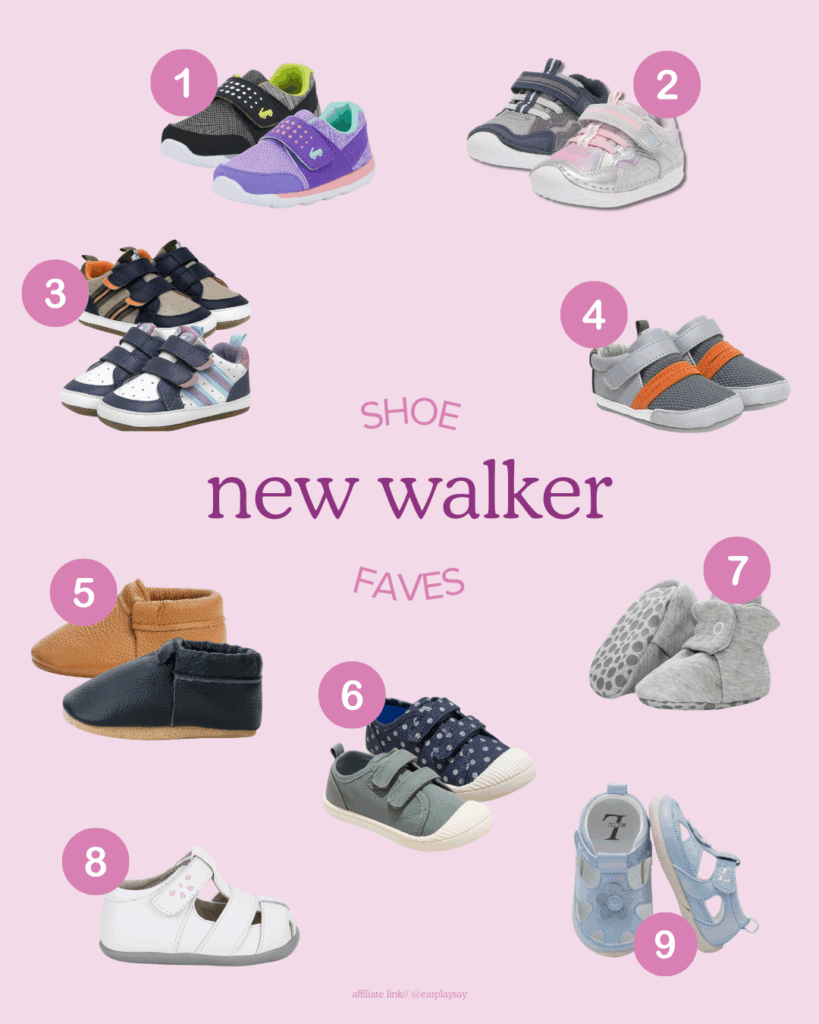 Round-up graphic of shoes for babies at different walking stages, from soft booties for pre-walkers to flexible sneakers for new walkers
