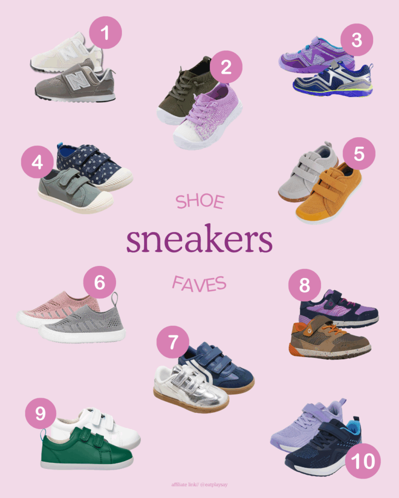 round-up graphic of the best sneakers for babies and toddlers with wide toe boxes and flexible soles