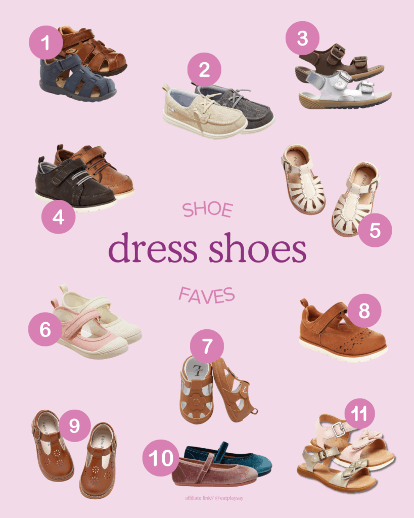 round-up graphic of dress shoes for toddler boys and girls that are physical therapist-approved. part of a post on the best shoes for baby and toddler