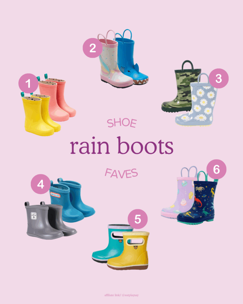 round-up image of toddler rain boots, all with a wider toe base for healthy foot development