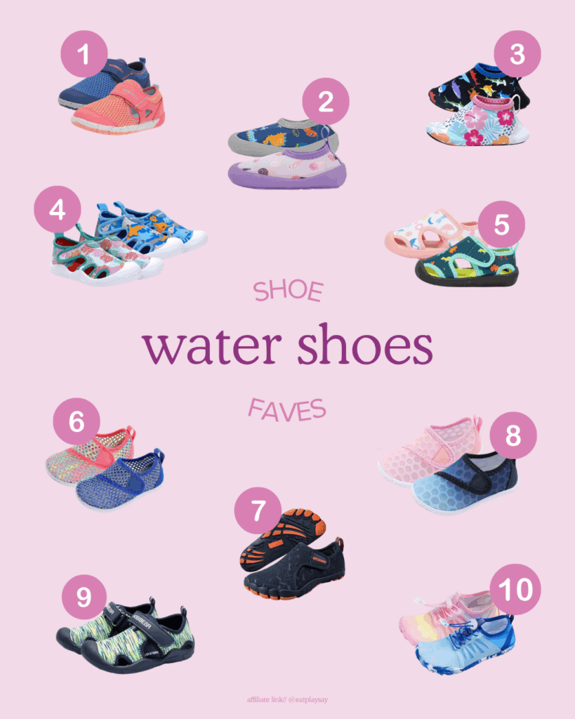 round-up image of  water shoes for babies and toddlers including brands like Merrell and Robeez and Jan & Jul