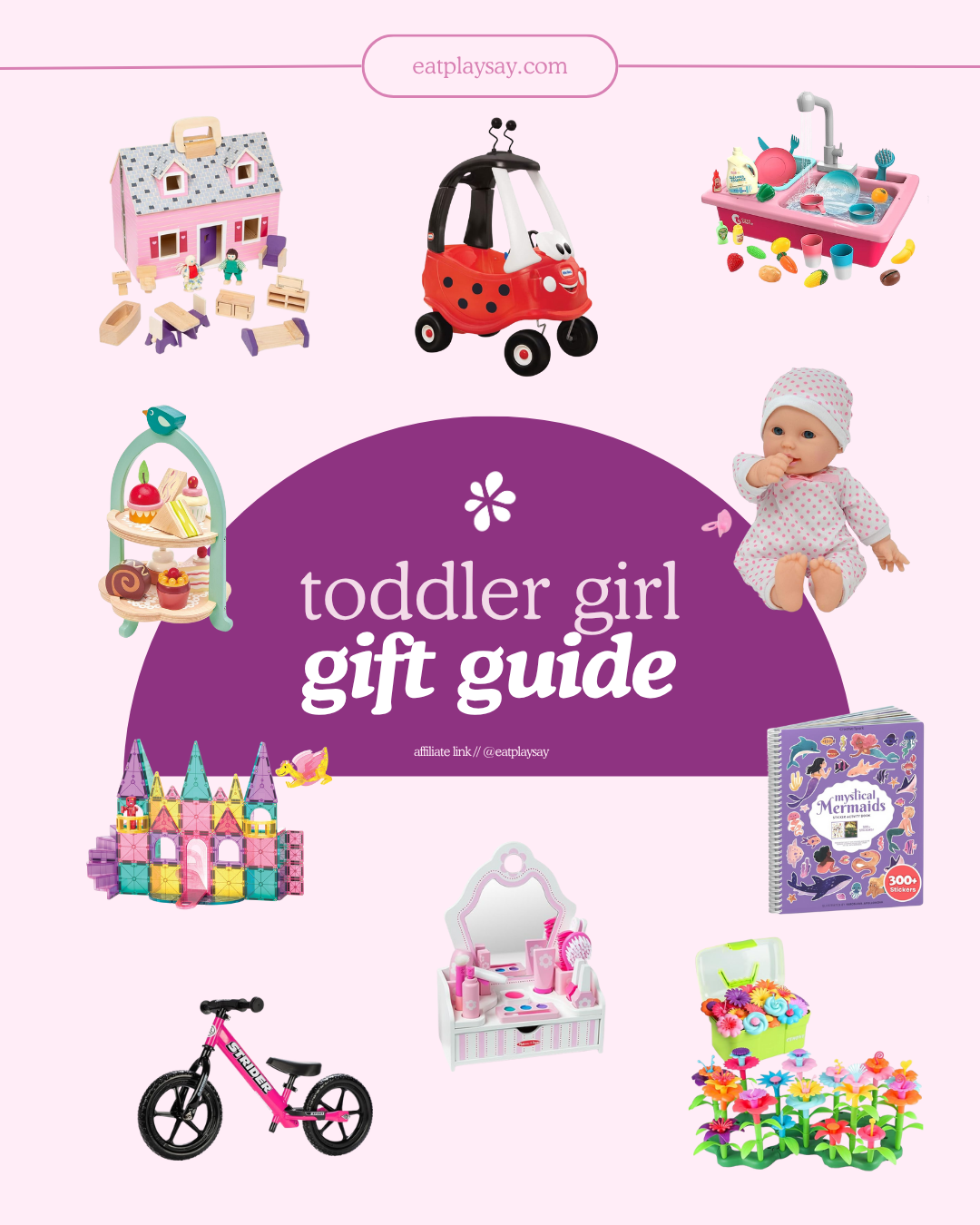 round-up graphic of the best toddler girl gift ideas