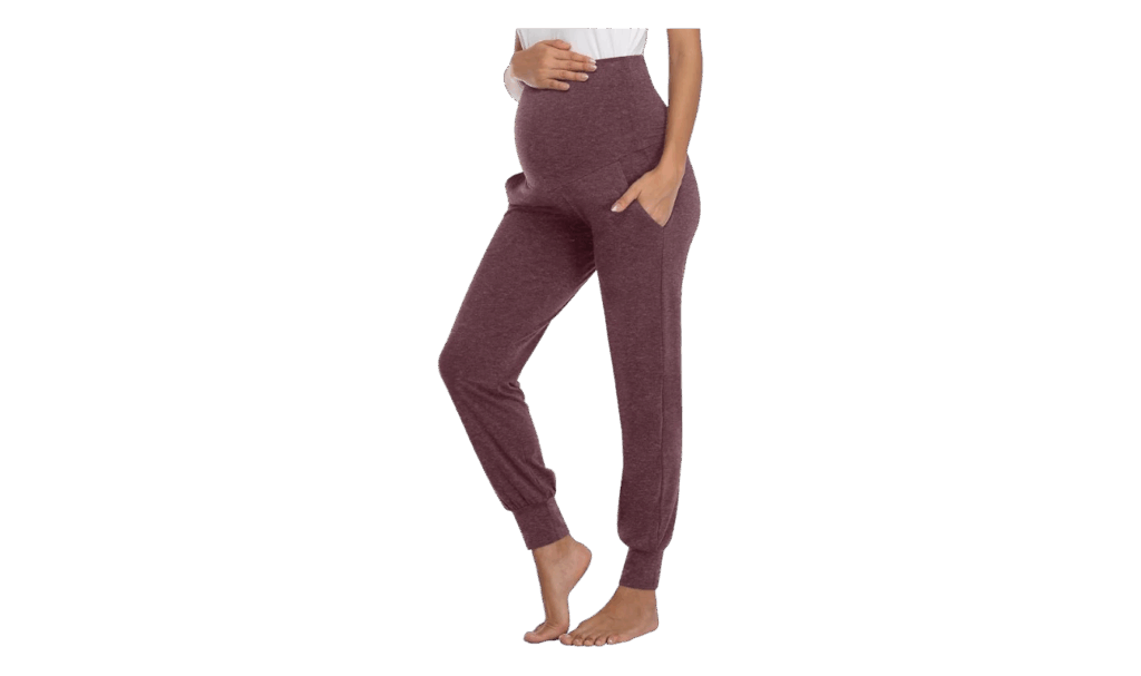 burgundy over-the-belly maternity joggers