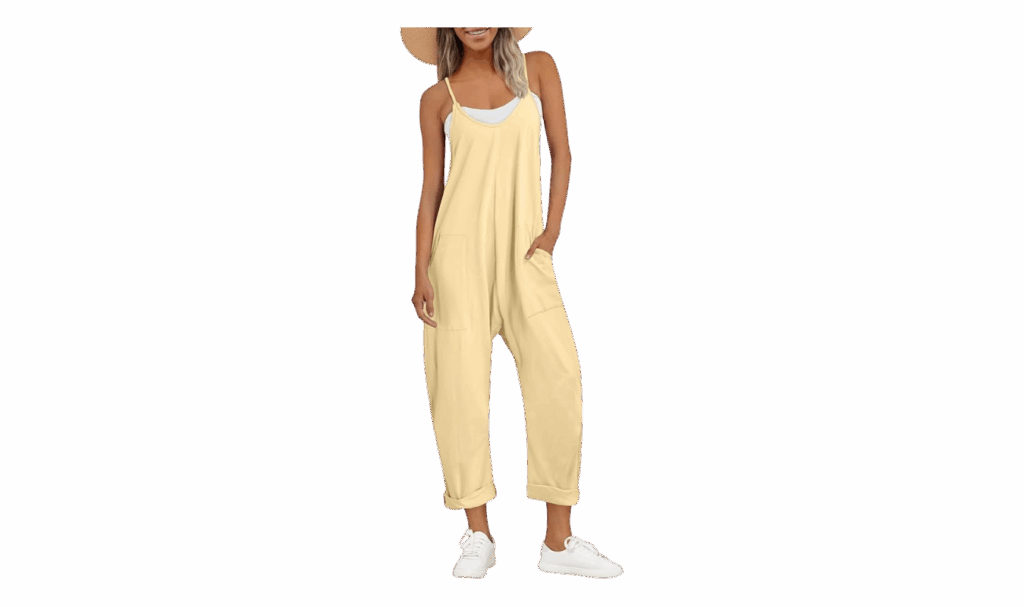 loose-fitting jumpsuit in butter color that can be worn as maternity clothing