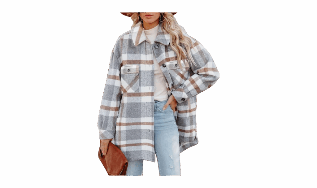 plaid shacket (shirt and jacket combination) in gray and tan that can be worn during pregnancy