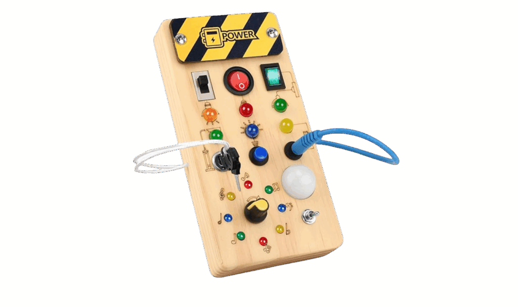 LED portable busy board with multi-colored lights and switches, part of a stocking stuffer guide