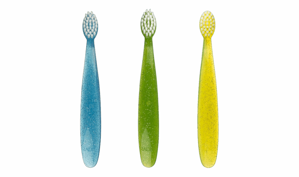3 toddler toothbrushes, part of a post about toddler stocking stuffers