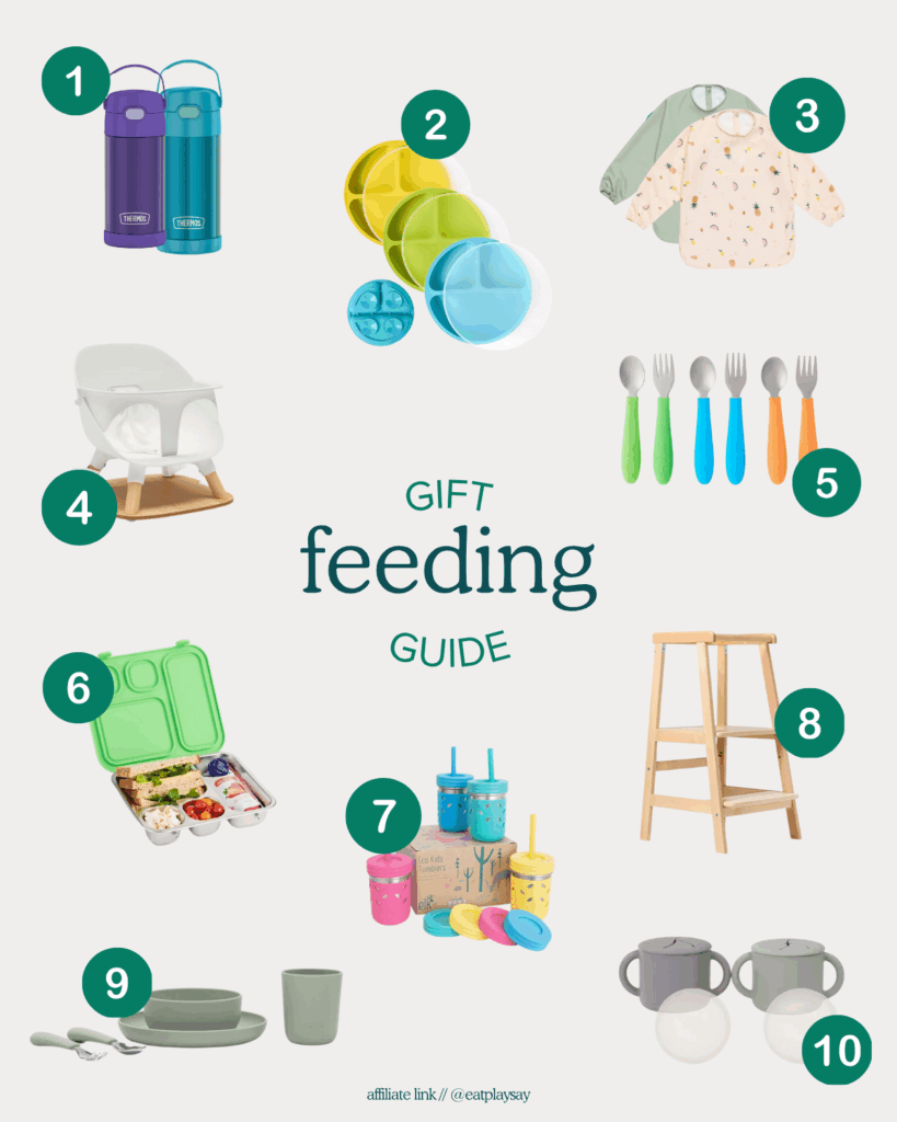 round-up graphic of 10 practical feeding gifts for 18 month olds