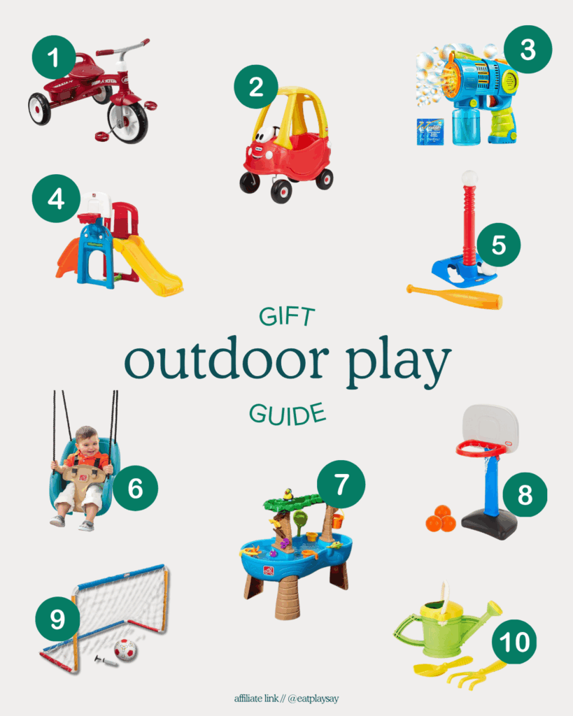round-up graphic of top 10 outdoor toys for 18 month olds including slides, bubbles, and a trike