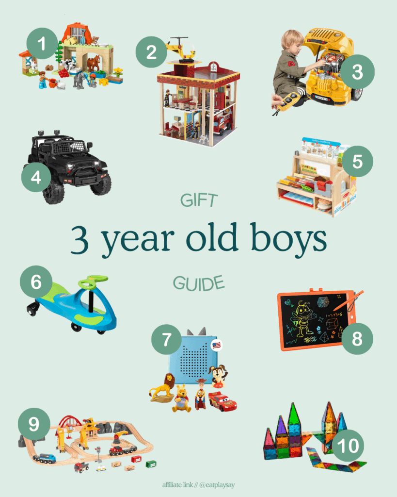 round-up graphic of the top 10 gifts for 3 year old toddler boys, part of a gift guide