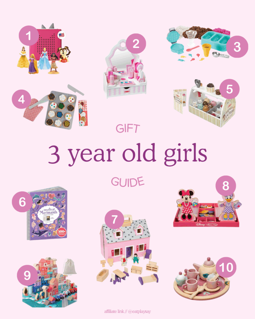 round-up graphic with 10 of the best toys for 3 year old girls