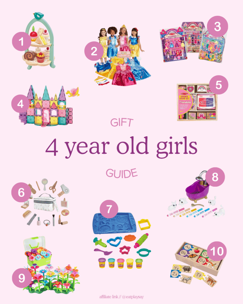 round-up graphic with the top 10 toys to gift 4 year old girls, part of a toddler girl gift guide