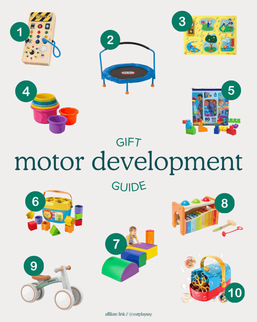 round-up graphic of the top 10 motor development toys that are great for 18 month olds