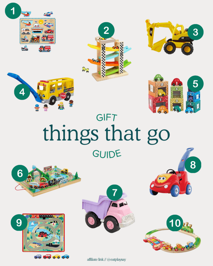 round-up graphic of the top 10 toy vehicles for 18 month olds including cars, trucks, and construction vehicles