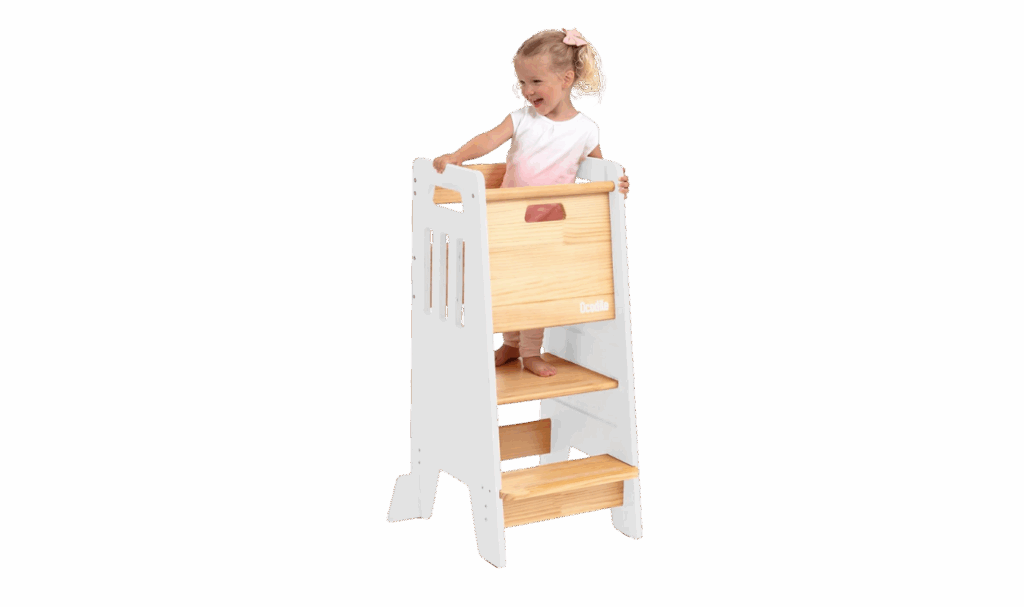 Ocodile natural wood toddler tower with sliding door for full enclosure
