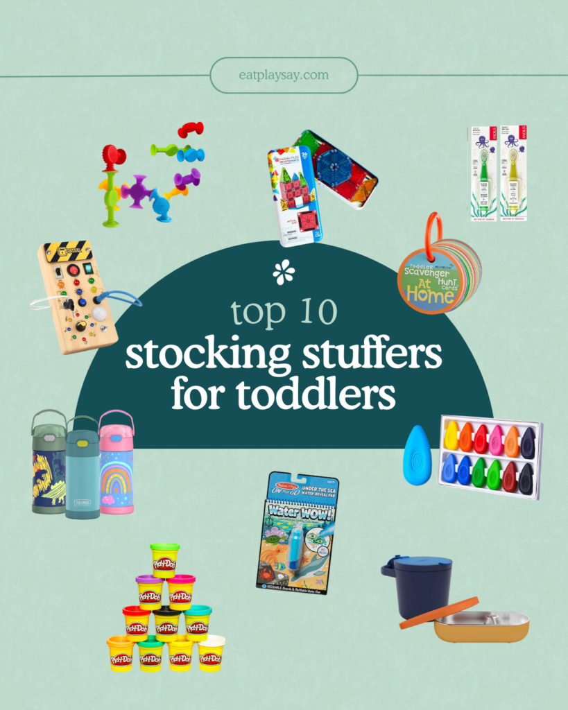 round up graphic featuring the top 10 stocking stuffers for toddlers including toys and practical items