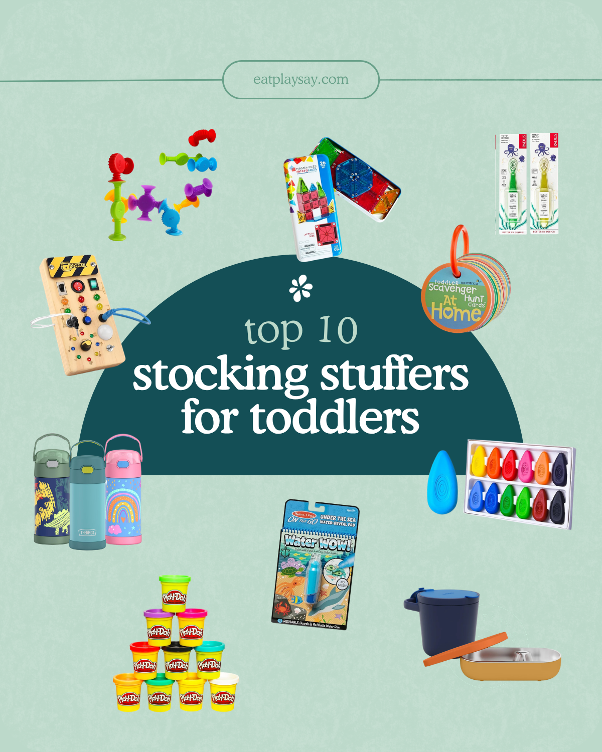 round up graphic featuring the top 10 stocking stuffers for toddlers including toys and practical items