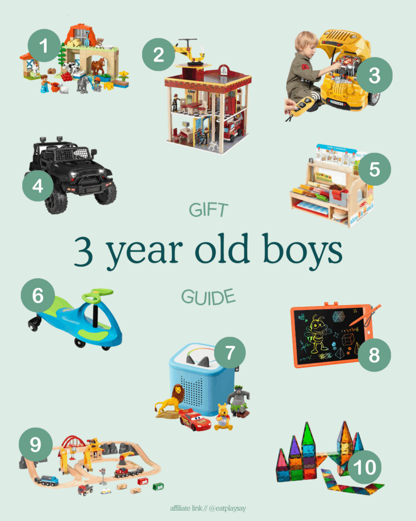 round-up graphic of the top 10 gifts for 3 year old toddler boys, part of a gift guide