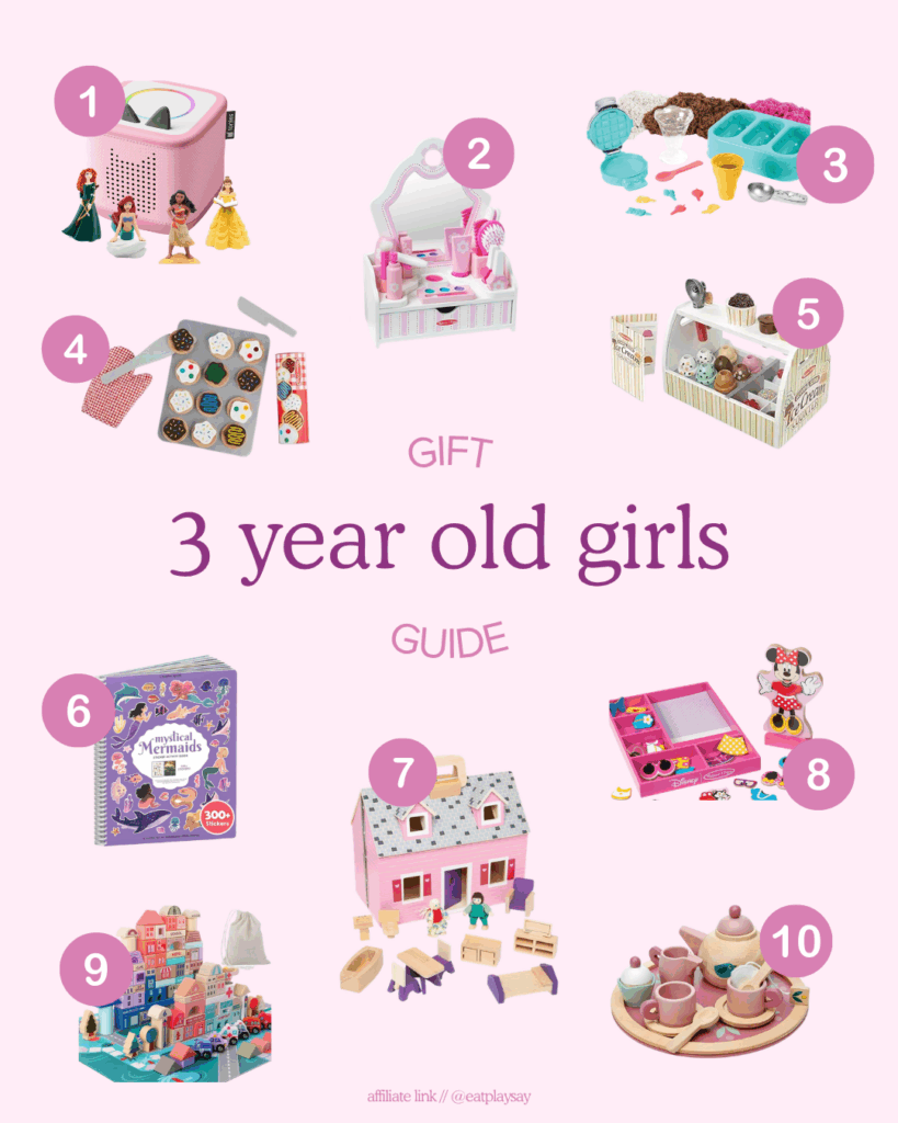 round up graphic of the best gifts for 3 year old girls 